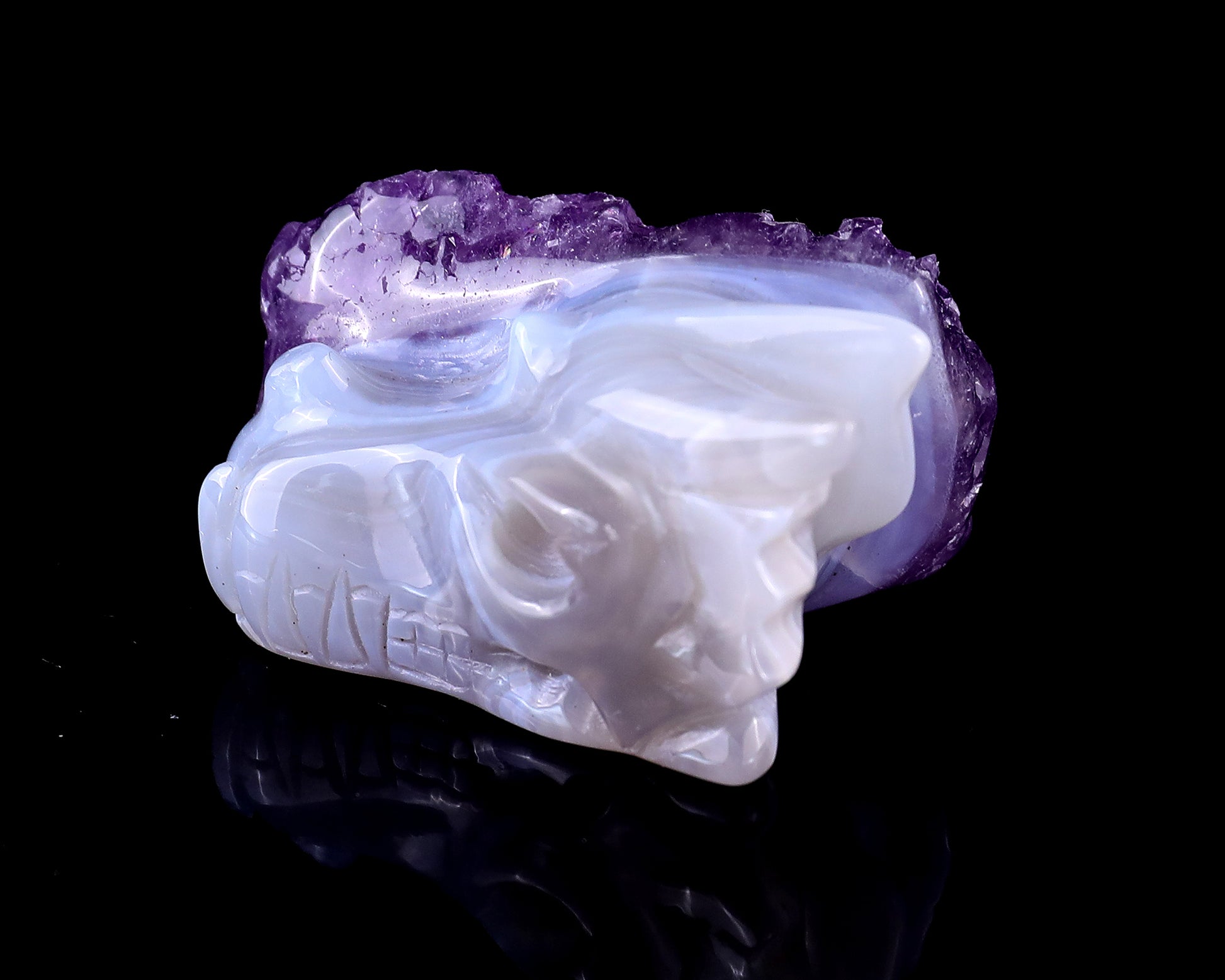 1.7" Amethyst Druse Agate Hand Carved Crystal Dragon Skull Sculpture Crystallumi