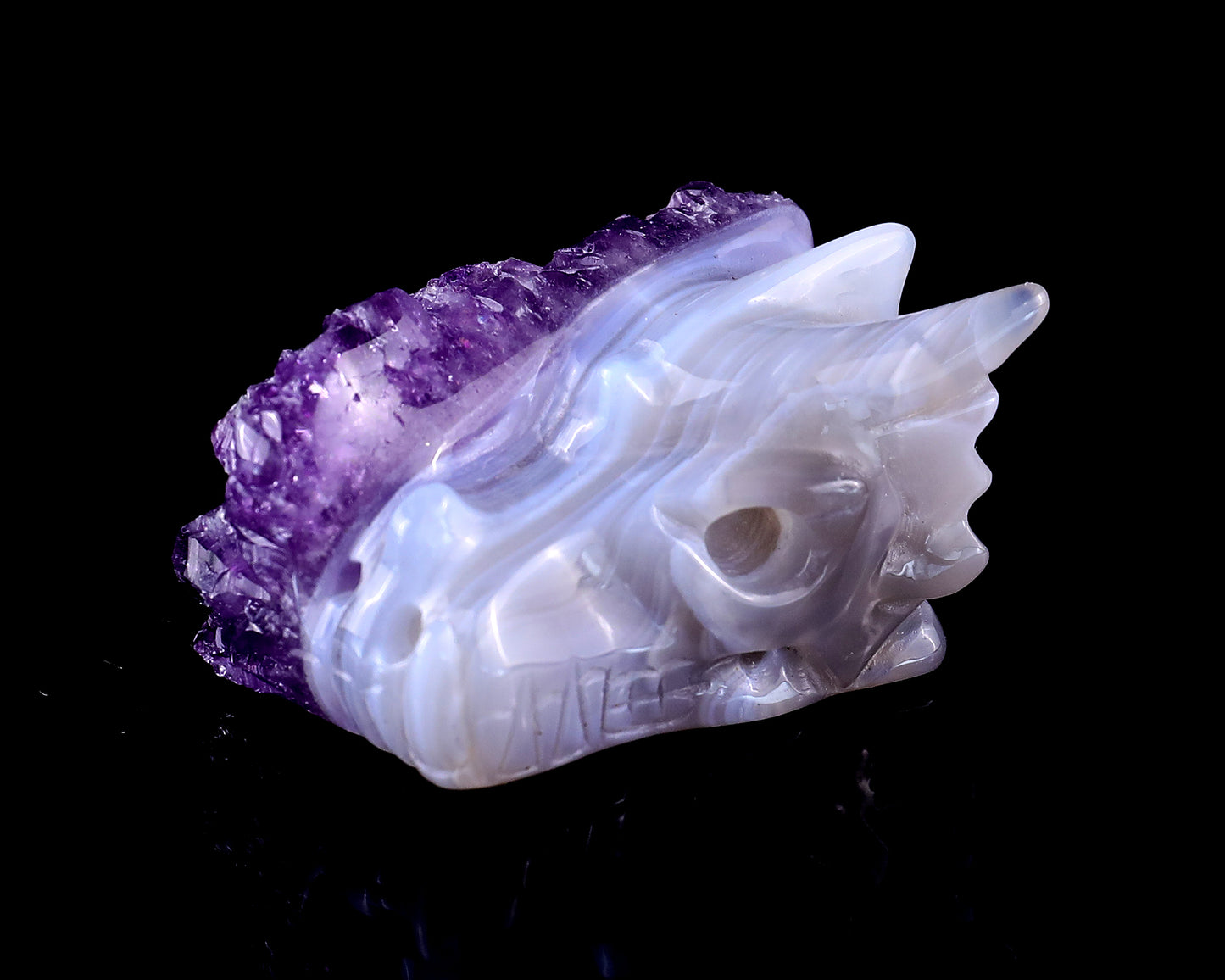 1.7" Amethyst Druse Agate Hand Carved Crystal Dragon Skull Sculpture Crystallumi