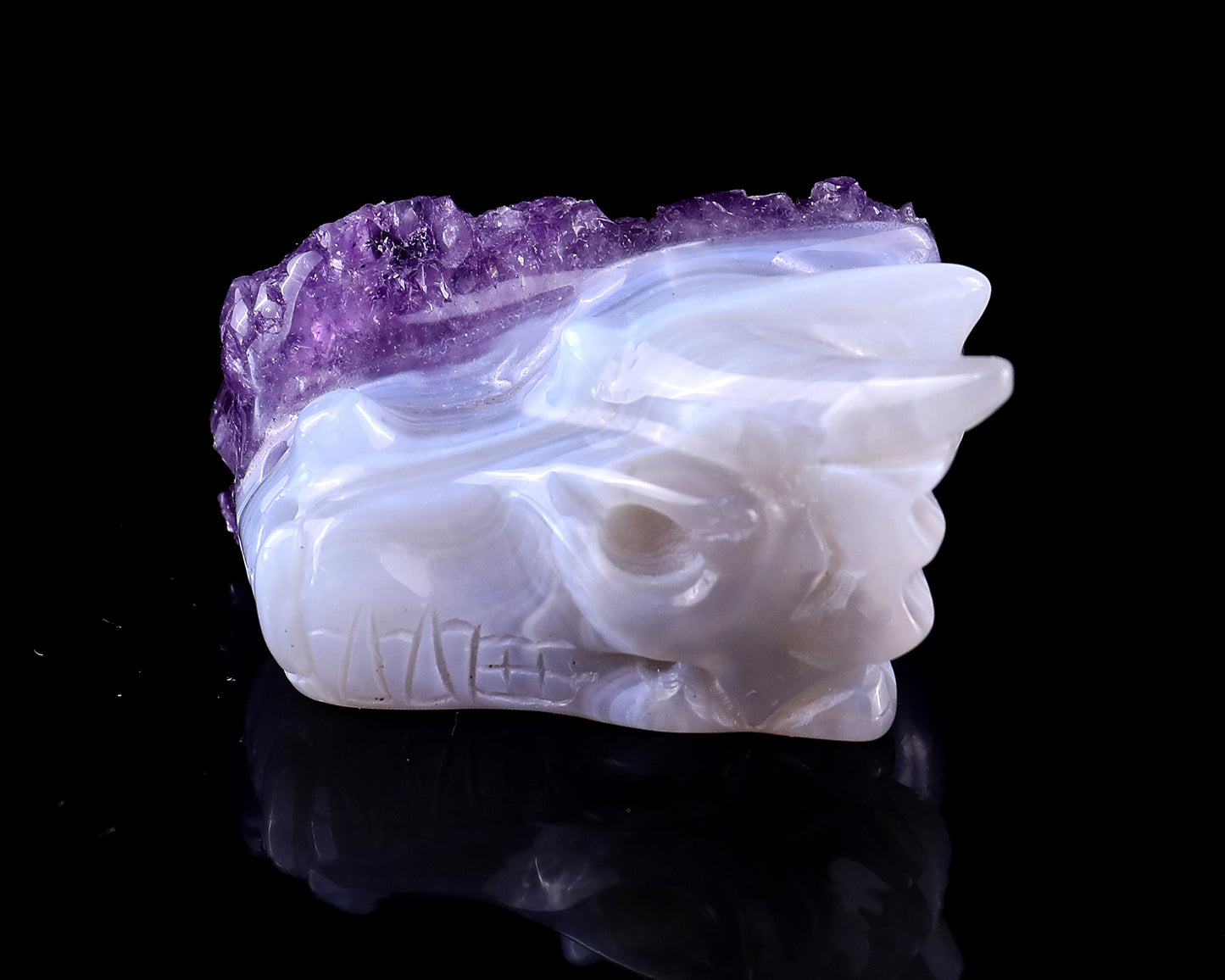 1.7" Amethyst Druse Agate Hand Carved Crystal Dragon Skull Sculpture Crystallumi