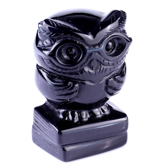 1.9" Black Obsidian Hand Carved Crystal Owl Sculpture Crystallumi