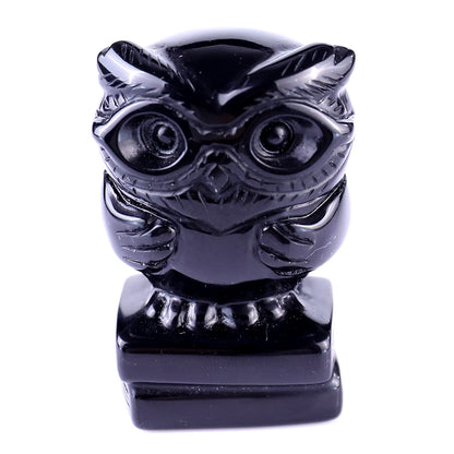 1.9" Black Obsidian Hand Carved Crystal Owl Sculpture Crystallumi