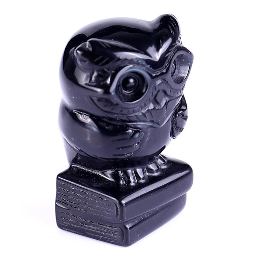 1.9" Black Obsidian Hand Carved Crystal Owl Sculpture Crystallumi