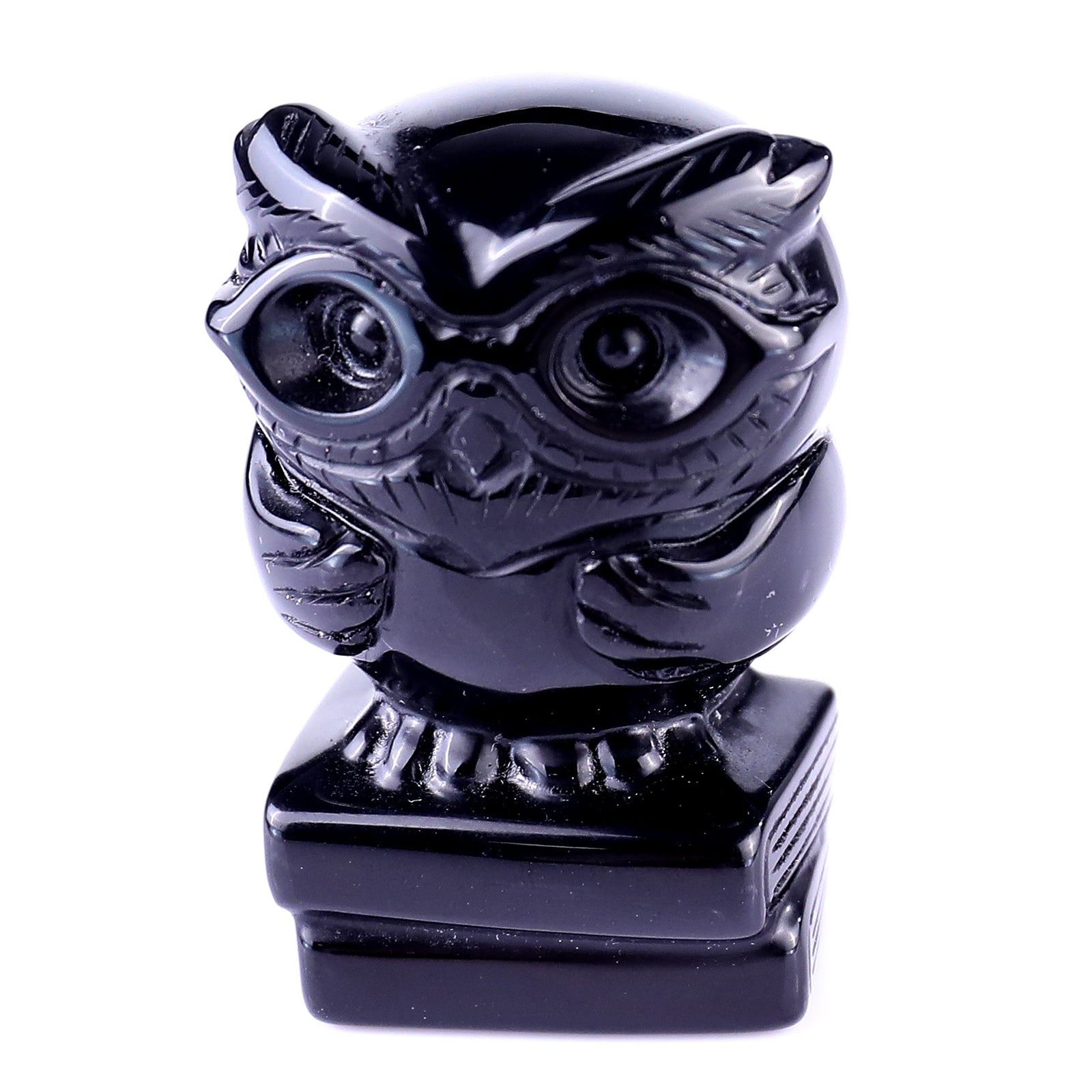 1.9" Black Obsidian Hand Carved Crystal Owl Sculpture Crystallumi