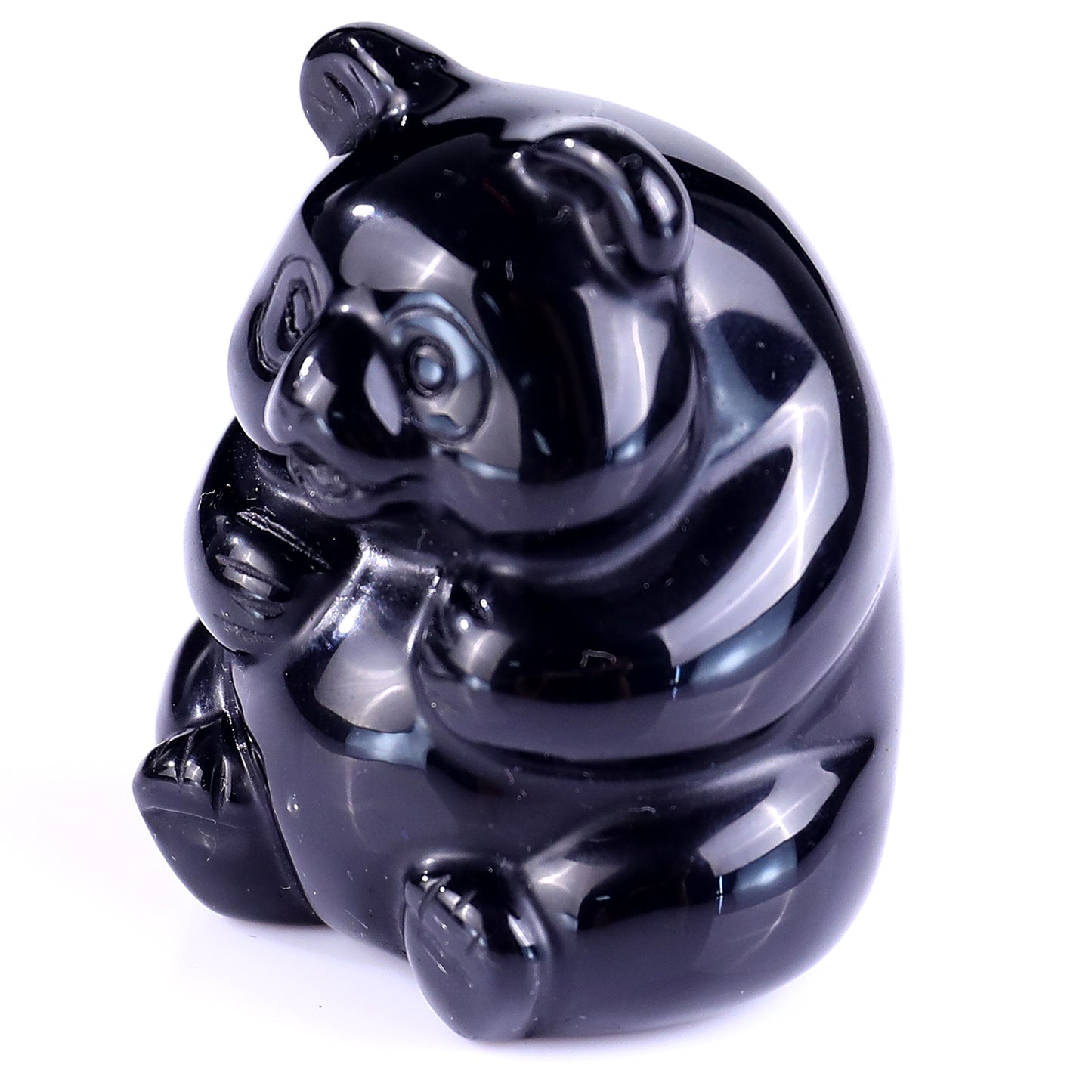 1.9" Black Obsidian Hand Carved Crystal Panda Sculpture Crystallumi