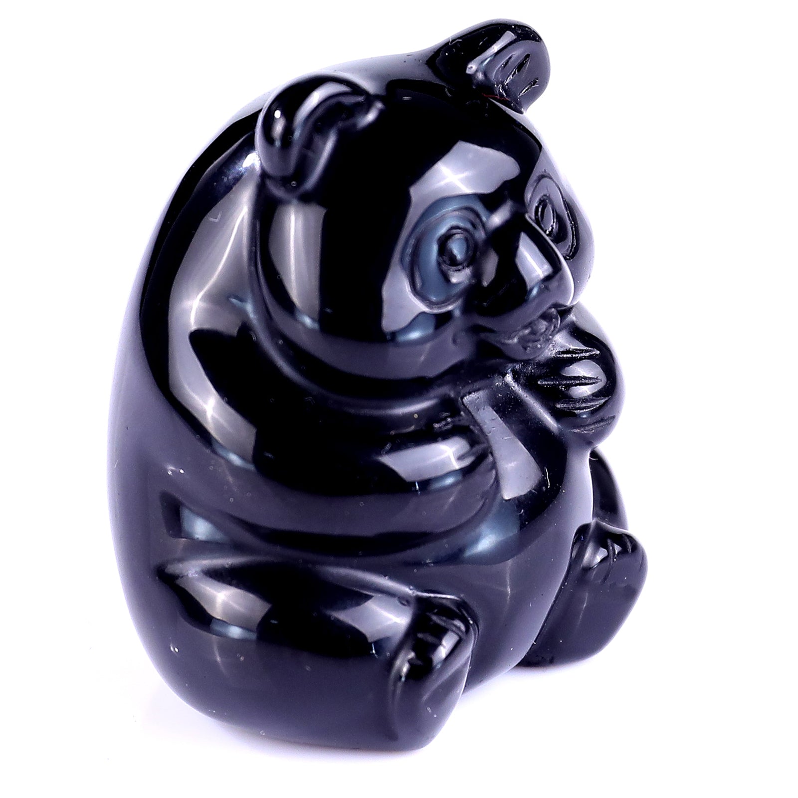 1.9" Black Obsidian Hand Carved Crystal Panda Sculpture Crystallumi