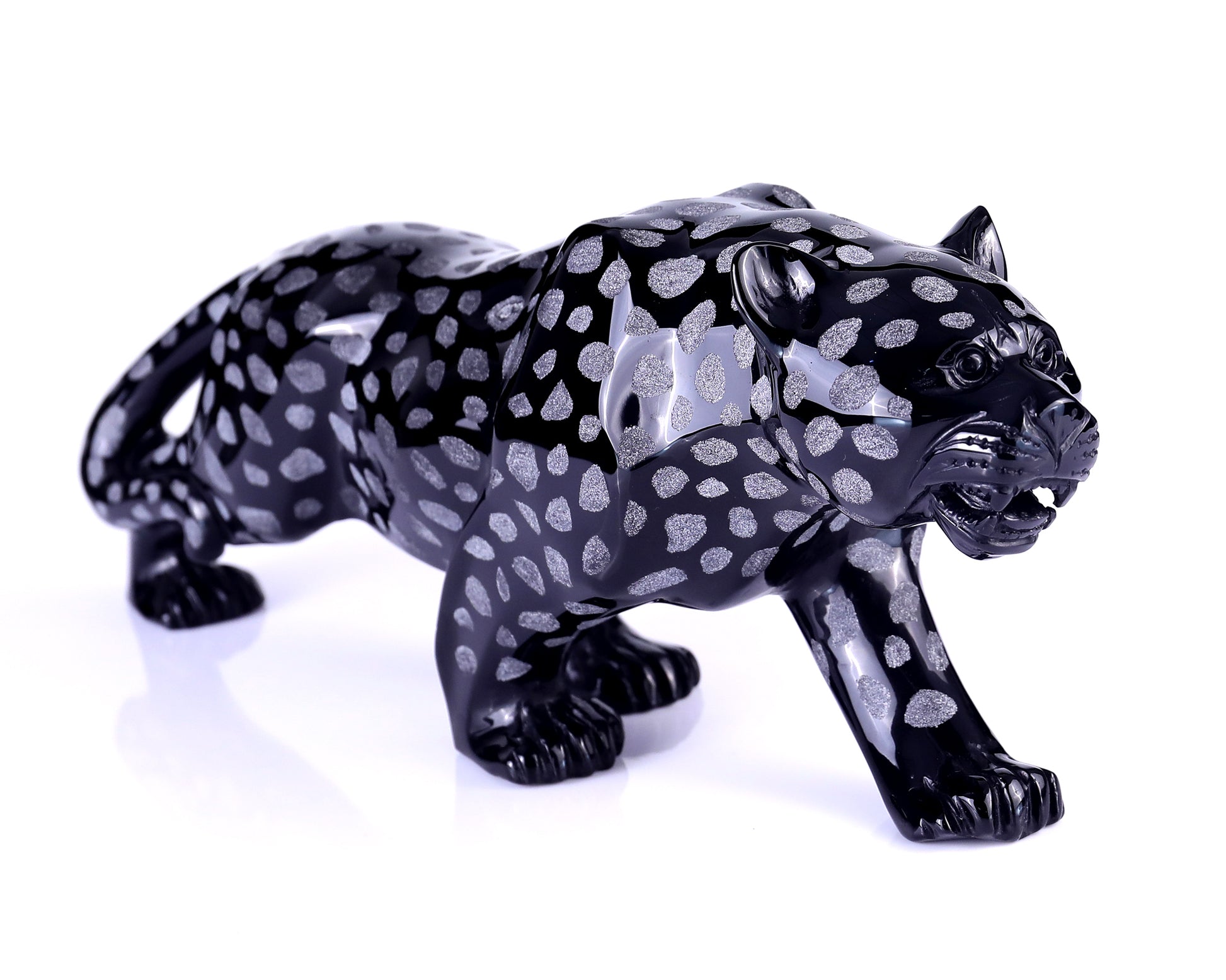 13.8" Black Obsidian Hand Carved Crystal Leopard Sculpture Crystallumi