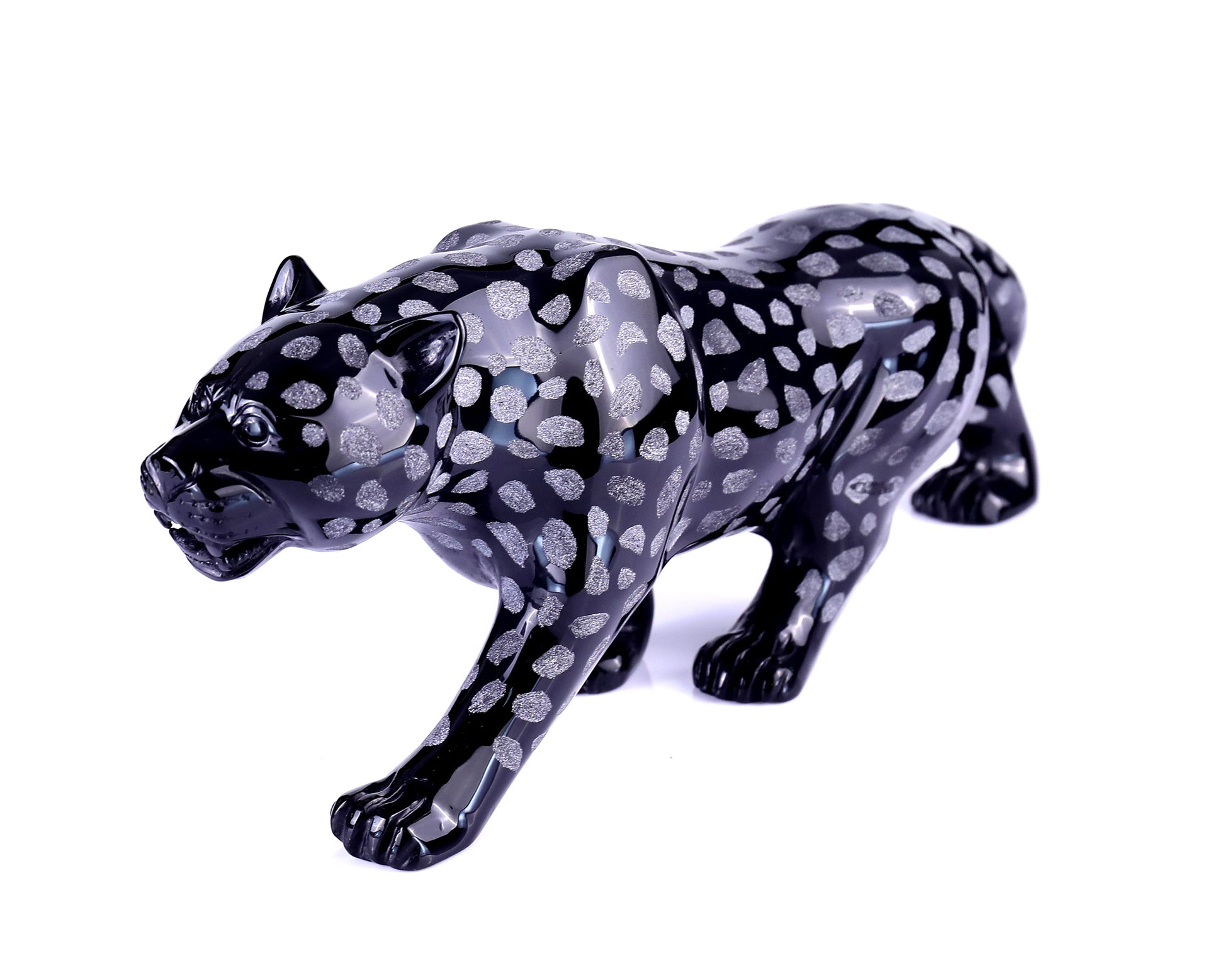 13.8" Black Obsidian Hand Carved Crystal Leopard Sculpture Crystallumi