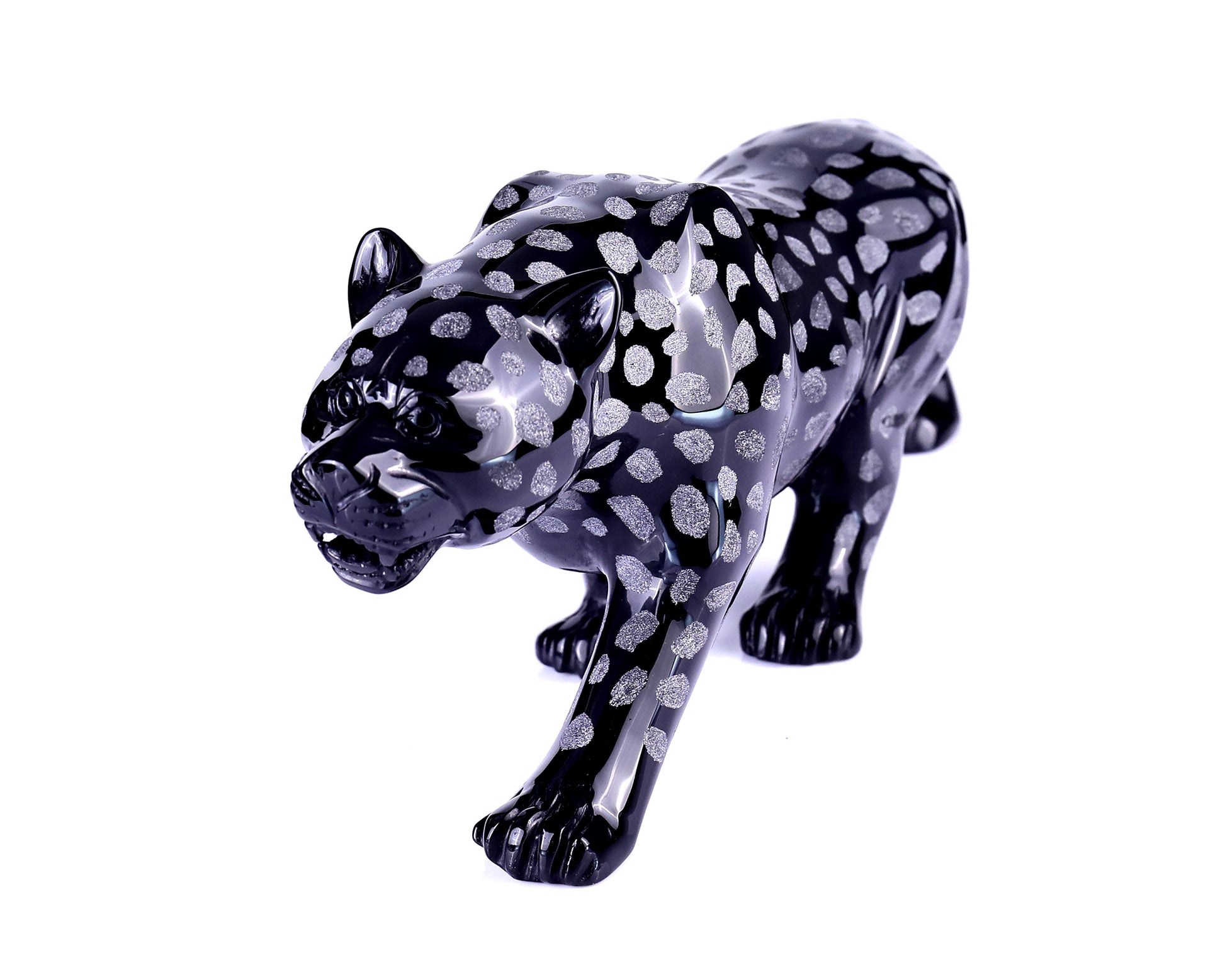 13.8" Black Obsidian Hand Carved Crystal Leopard Sculpture Crystallumi