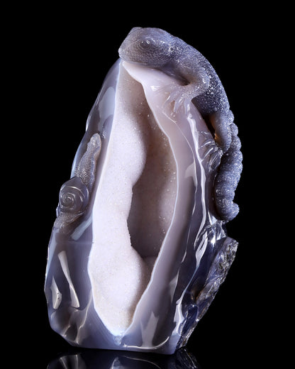 8.3" Quartz Rock Geode Hand Carved Crystal Lizard Sculpture