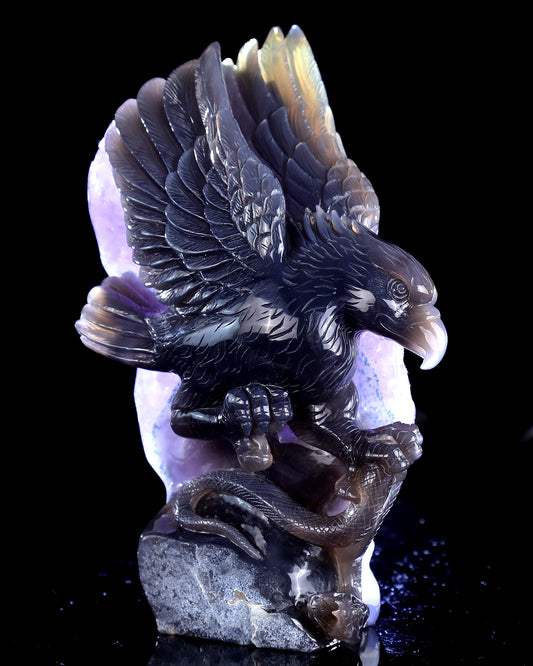 9.0" Natural Amethyst Druse Agate Hand Carved Crystal Eagle Catching Snake Sculpture