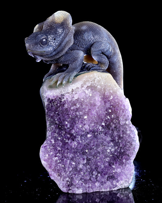 9.6" Amethyst Druse Agate Hand Carved Crystal Lizard Sculpture