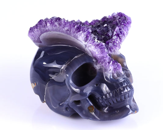 5.0" Amethyst Druse Agate Hand Carved Mineral Specimen Skull Sculpture