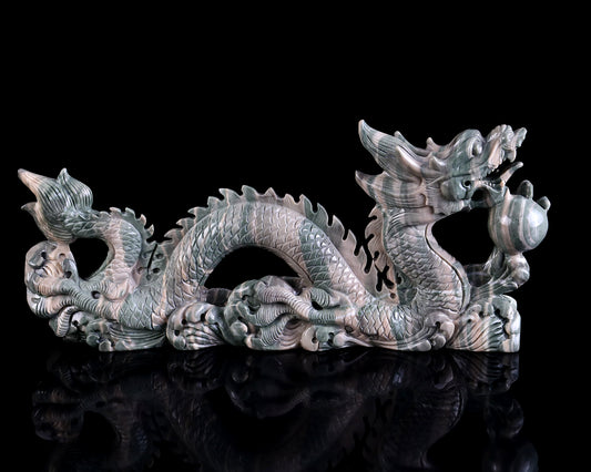 13" Jiulong Jade Hand Carved Crystal Dragon Sculpture