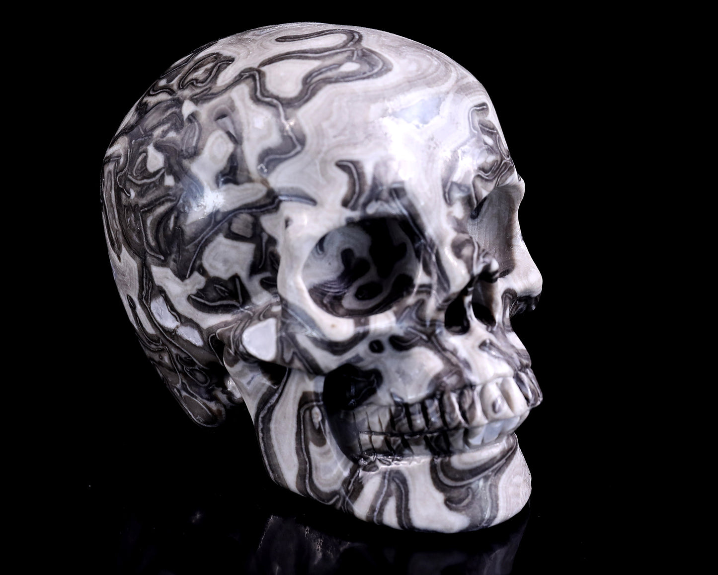 4.3" Black Crazy Lace Agate Hand Carved Crystal Realistic Skull Sculpture