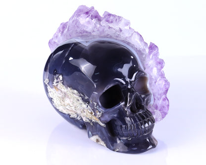 8.4" Amethyst Druse Agate Hand Carved Mineral Specimen Skull Sculpture