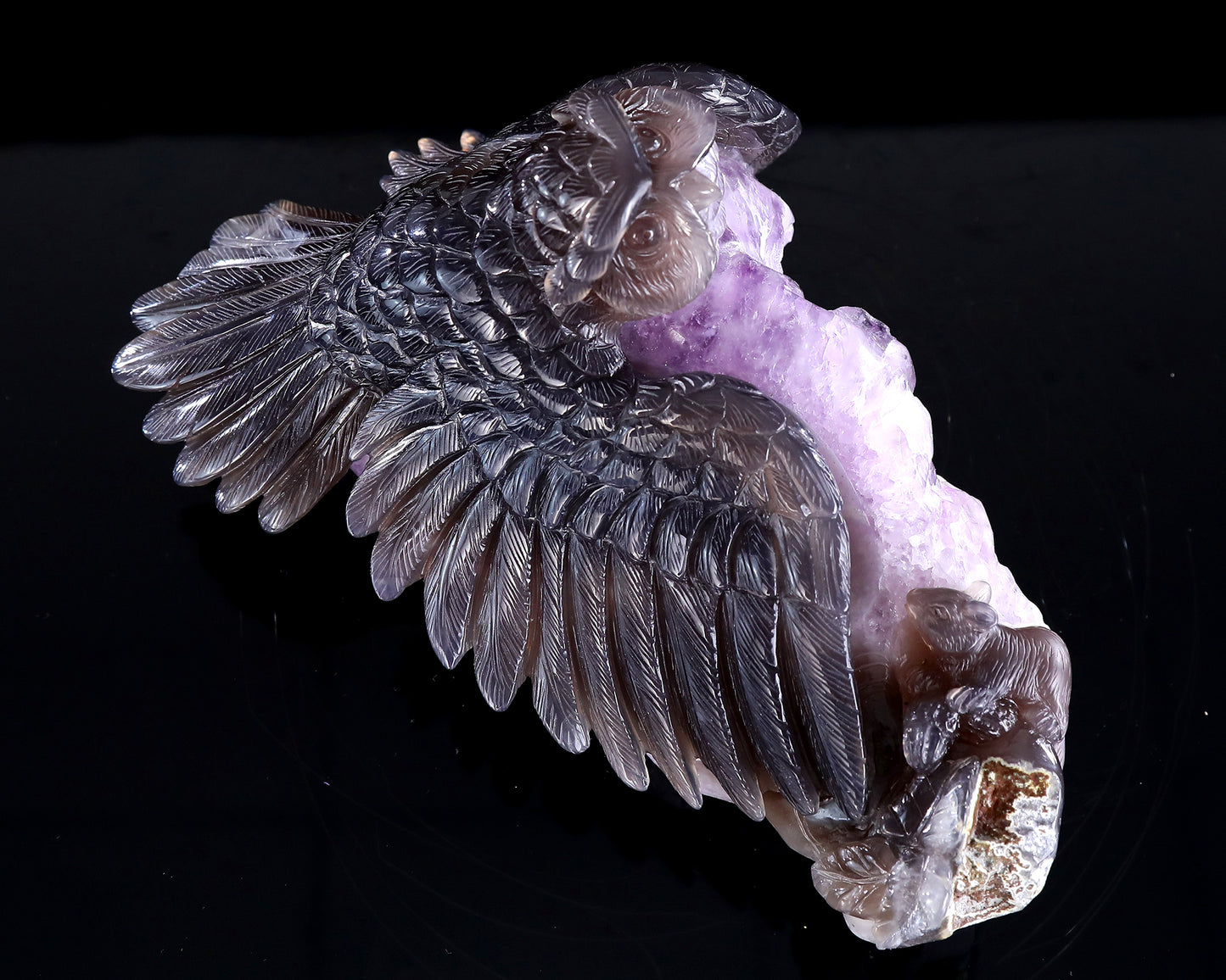 8.5" Natural Amethyst Druse Agate Hand Carved Crystal Owl Sculpture