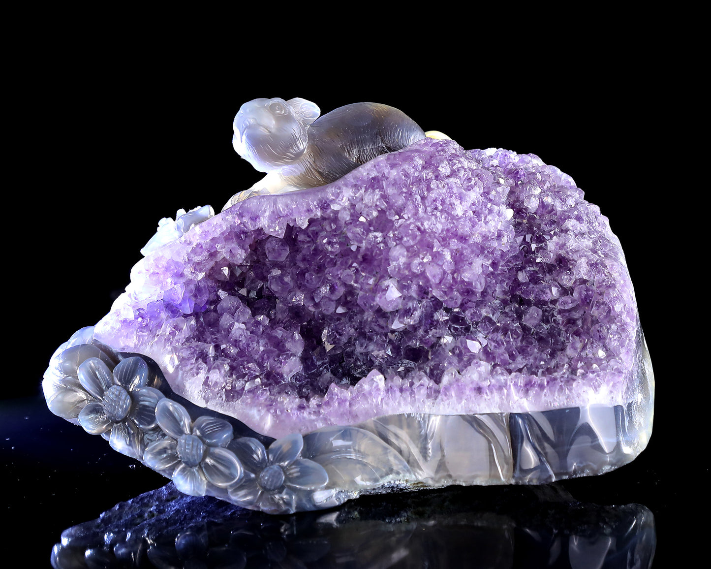 8.3" Natural Amethyst Druse Agate Hand Carved Crystal Squirrel Sculpture