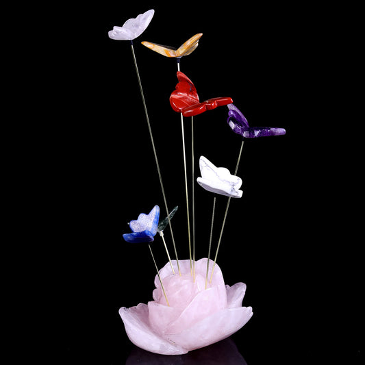 5.0" Rose Quartz Hand Carved Crystal Incense Holder with Colorful Butterfly Set