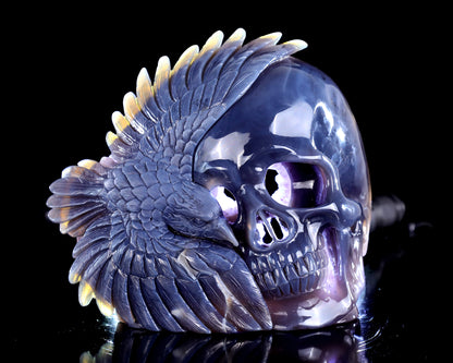 9.0" Amethyst Druse Agate Hand Carved Crystal Skull and Eagle Sculpture