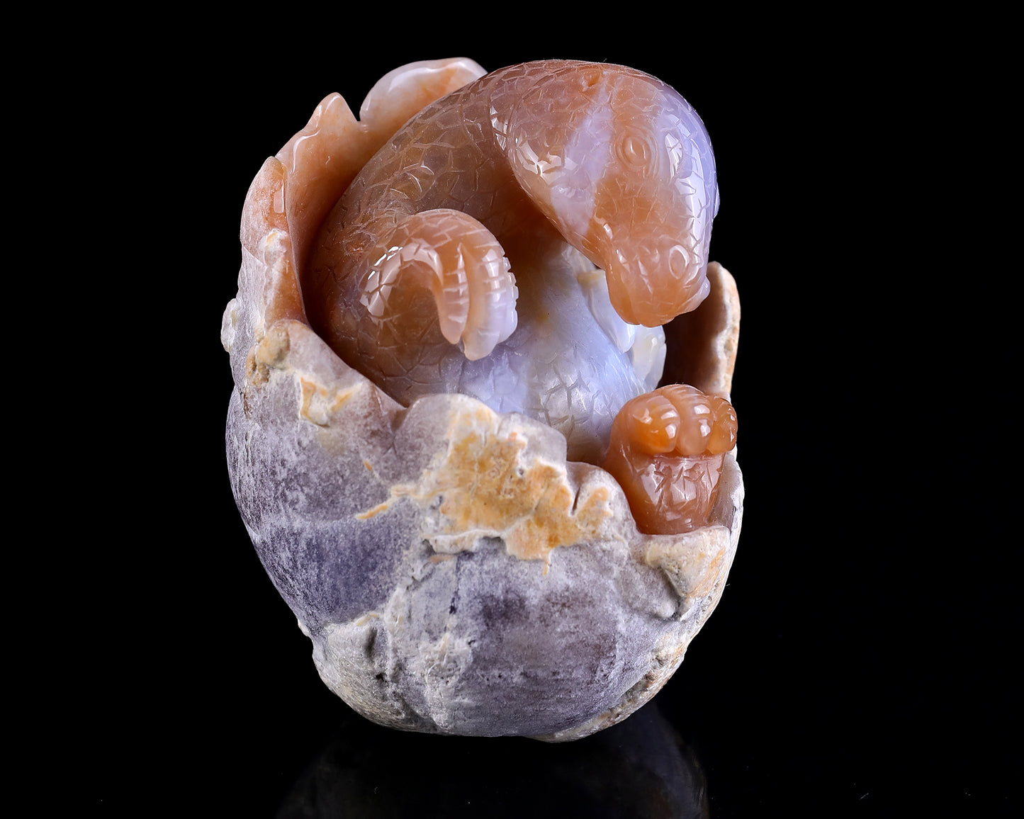 3.9" Chalcedony Hand Carved Crystal Dinosaur Egg Carving,Dinosaur Baby Sculpture