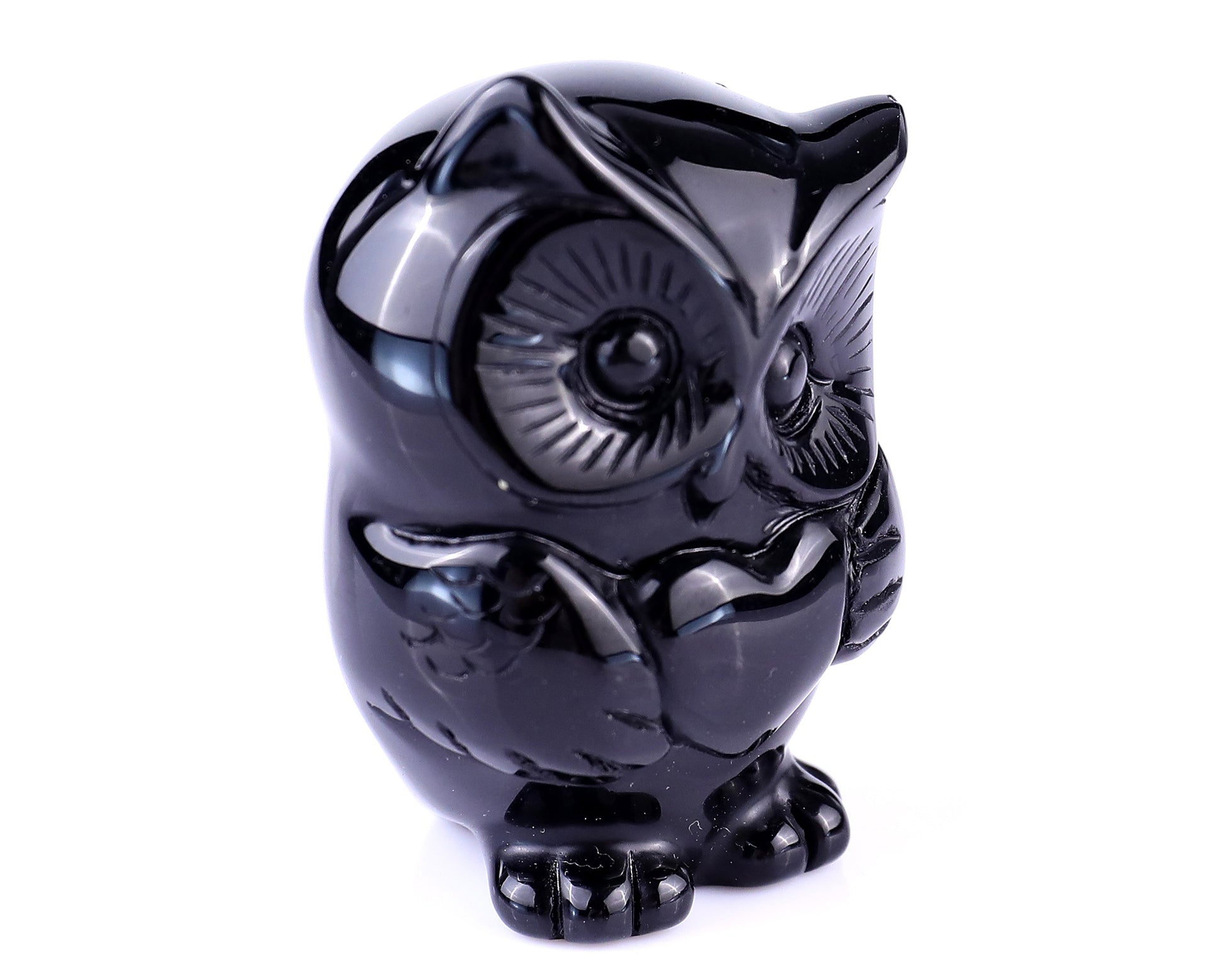 2.0" Black Obsidian Hand Carved Crystal Owl Sculpture Crystallumi