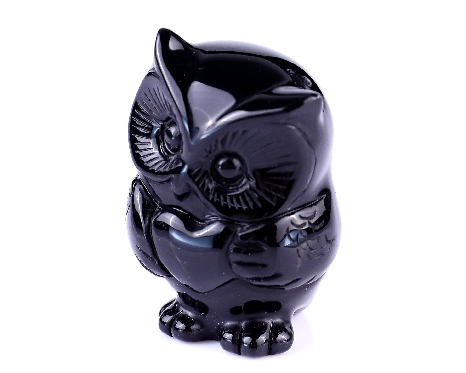 2.0" Black Obsidian Hand Carved Crystal Owl Sculpture Crystallumi