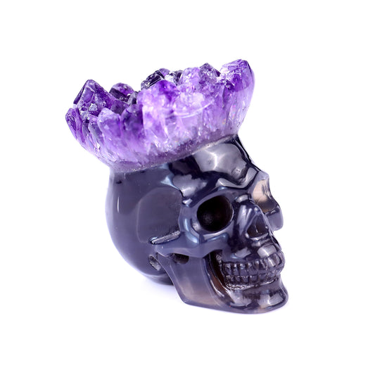 2.1" Amethyst Druse Agate Hand Carved Mineral Specimen Skull Sculpture Crystallumi