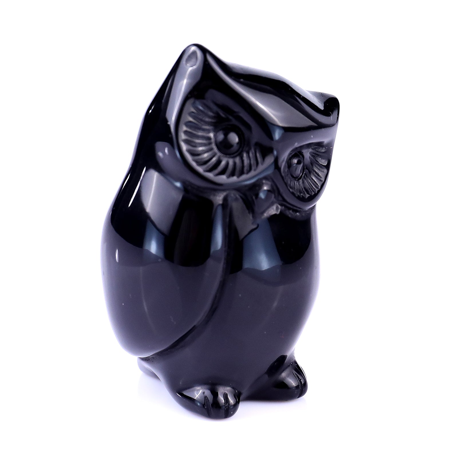 2.2" Black Obsidian Hand Carved Crystal Owl Sculpture Crystallumi