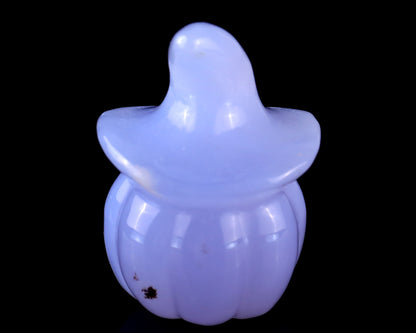 2.2” Natural Blue Chalcedony Hand Carved Crystal Wizard Pumpkin Sculpture, Halloween Gift Crystallumi