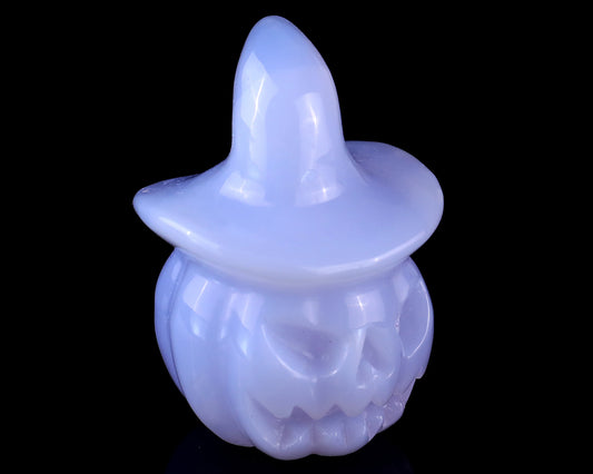 2.2” Natural Blue Chalcedony Hand Carved Crystal Wizard Pumpkin Sculpture, Halloween Gift Crystallumi