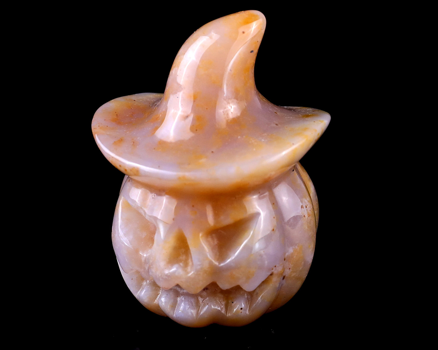 2.2” Natural Chalcedony Hand Carved Crystal Wizard Pumpkin Sculpture, Halloween Gift Crystallumi