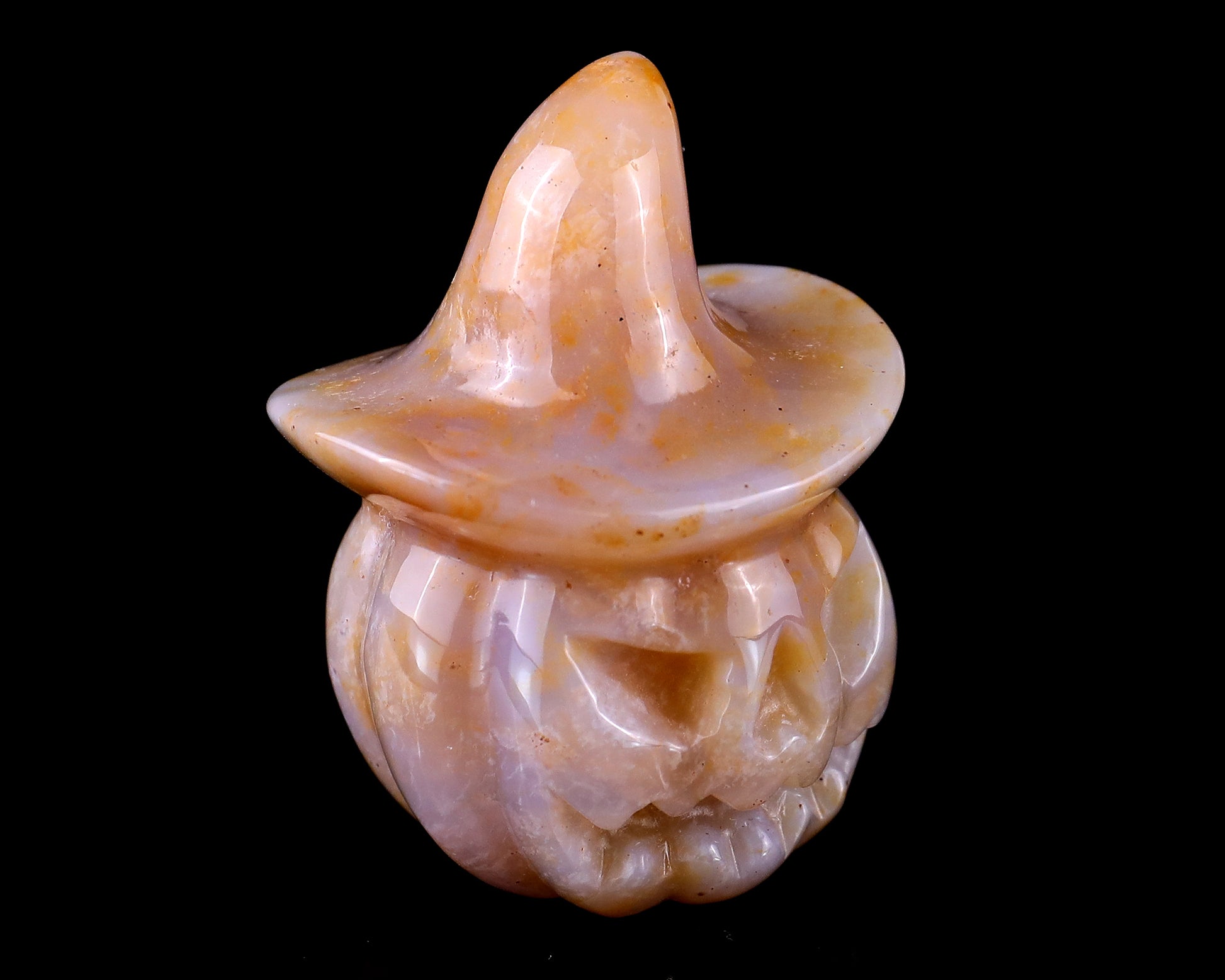 2.2” Natural Chalcedony Hand Carved Crystal Wizard Pumpkin Sculpture, Halloween Gift Crystallumi