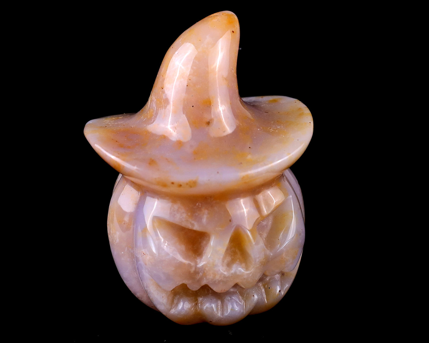 2.2” Natural Chalcedony Hand Carved Crystal Wizard Pumpkin Sculpture, Halloween Gift Crystallumi