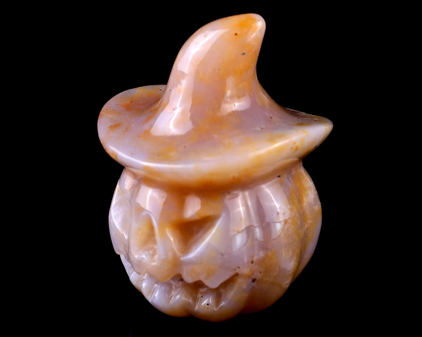 2.2” Natural Chalcedony Hand Carved Crystal Wizard Pumpkin Sculpture, Halloween Gift Crystallumi