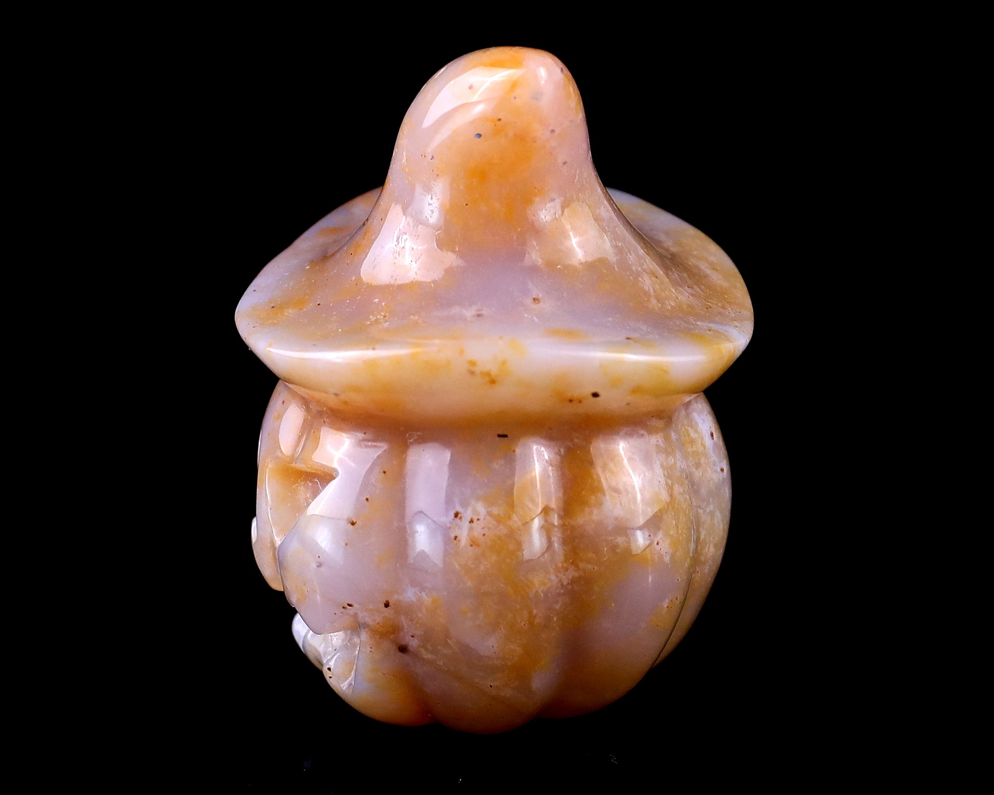 2.2” Natural Chalcedony Hand Carved Crystal Wizard Pumpkin Sculpture, Halloween Gift Crystallumi