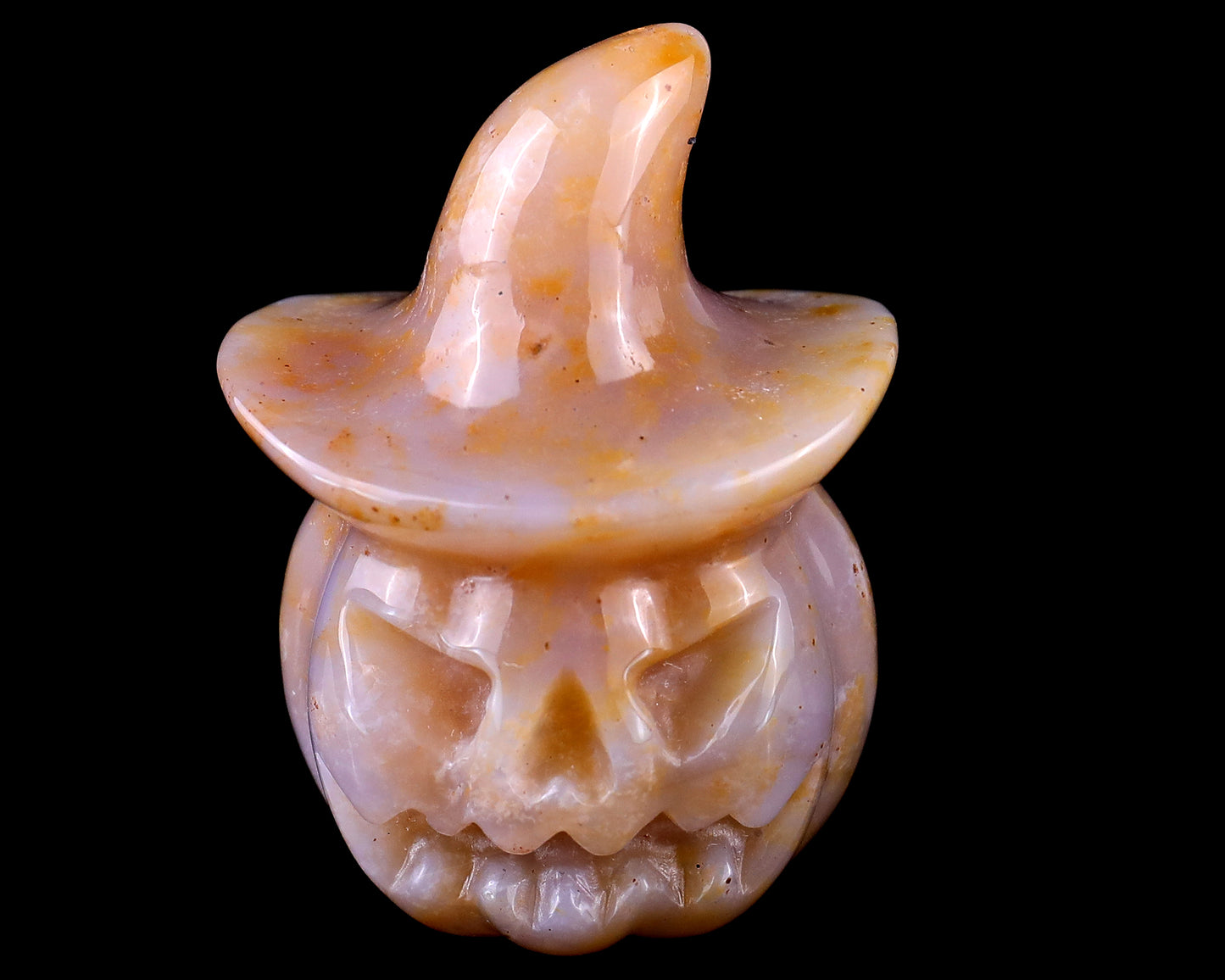 2.2” Natural Chalcedony Hand Carved Crystal Wizard Pumpkin Sculpture, Halloween Gift Crystallumi