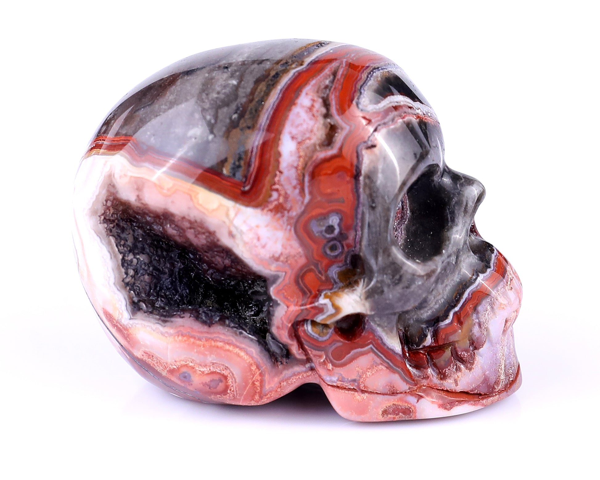 2.2" Red Crazy Lace Agate Hand Carved Crystal Realistic Skull Sculpture Crystallumi