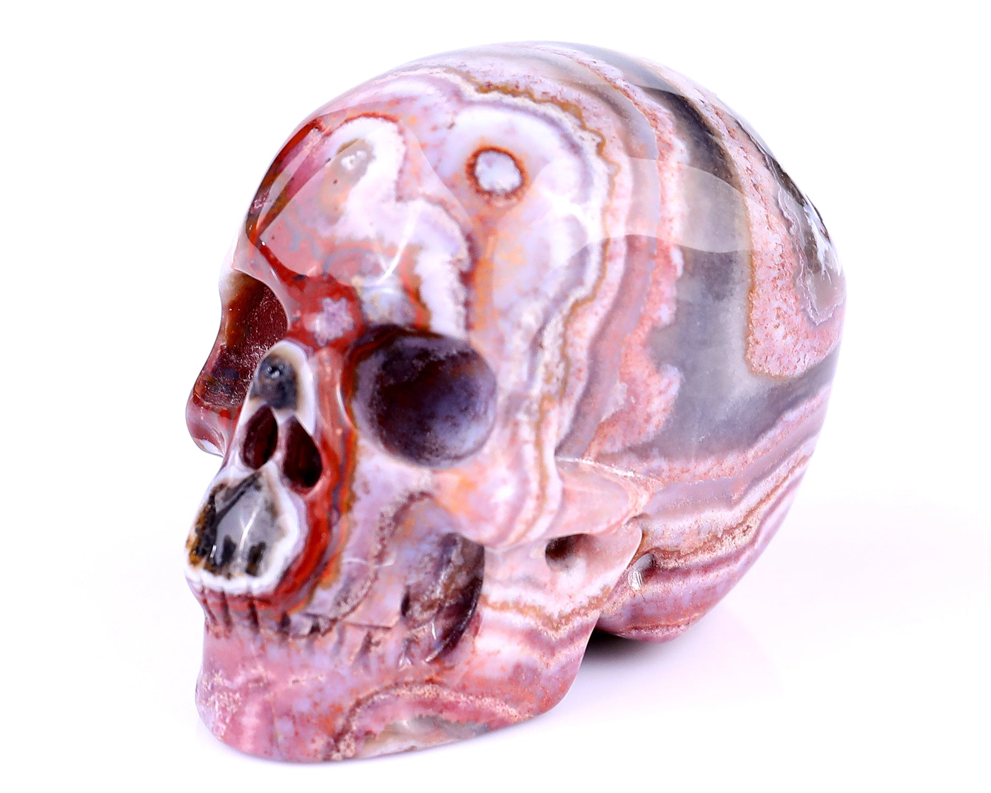 2.2" Red Crazy Lace Agate Hand Carved Crystal Realistic Skull Sculpture Crystallumi