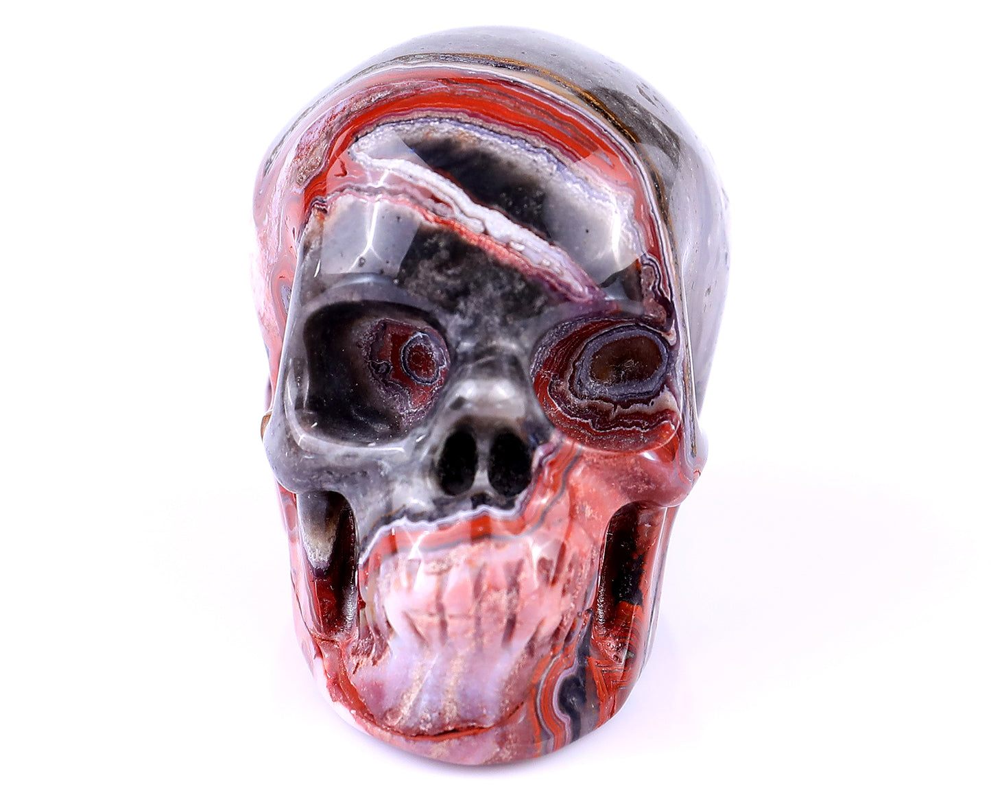 2.2" Red Crazy Lace Agate Hand Carved Crystal Realistic Skull Sculpture Crystallumi