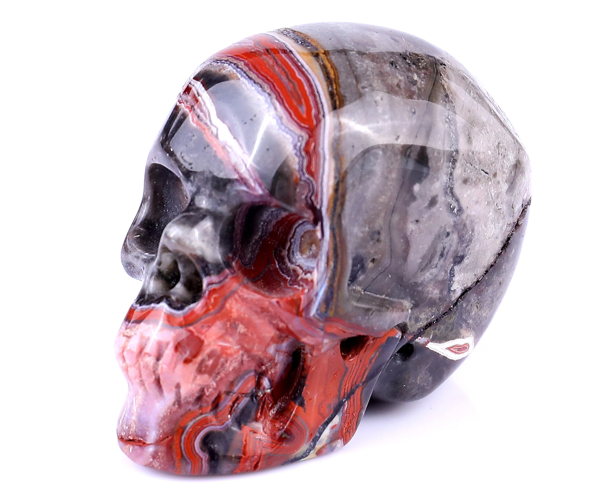 2.2" Red Crazy Lace Agate Hand Carved Crystal Realistic Skull Sculpture Crystallumi