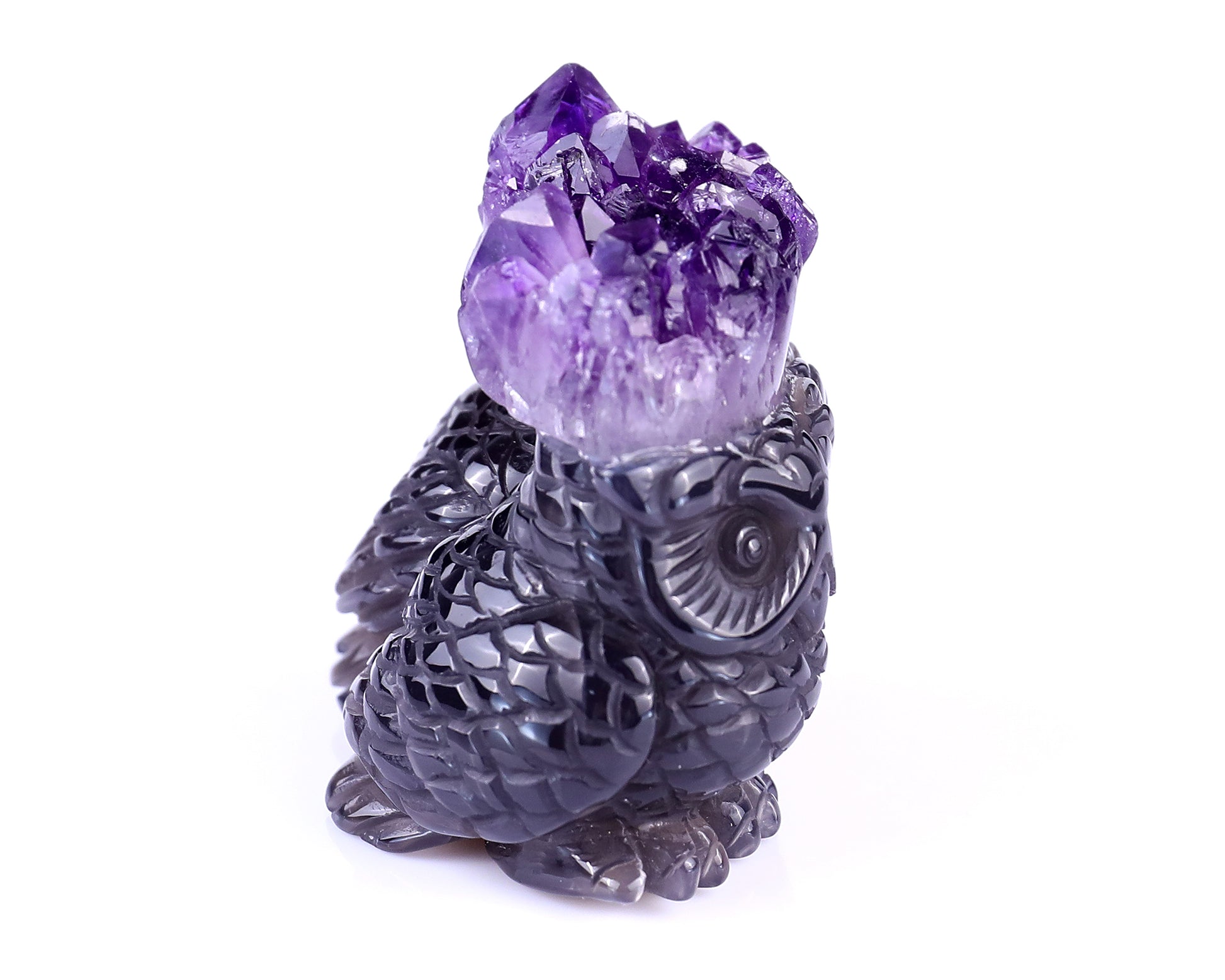 2.3" Amethyst Druse Agate Hand Carved Crystal Owls Sculpture Crystallumi