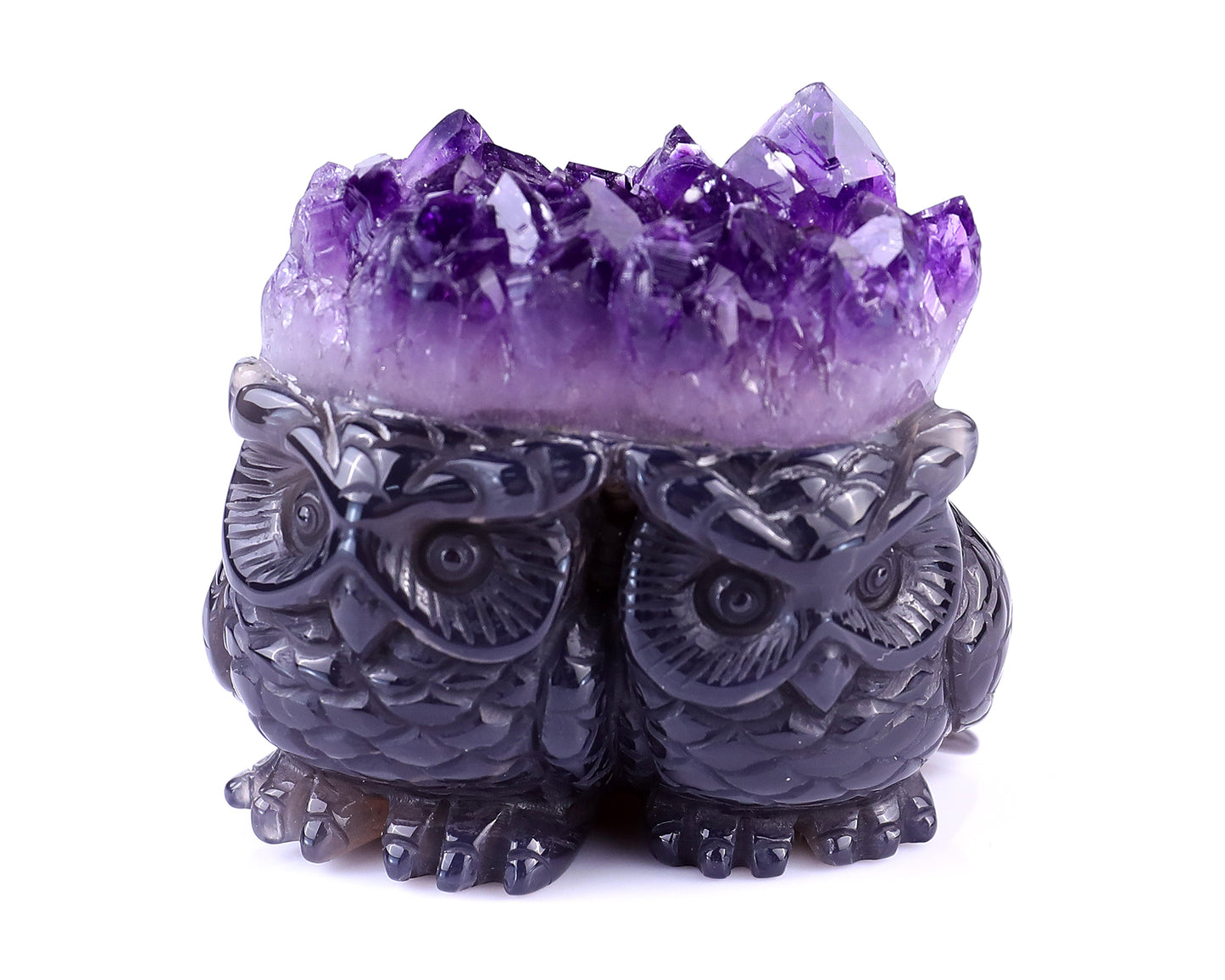 2.3" Amethyst Druse Agate Hand Carved Crystal Owls Sculpture Crystallumi