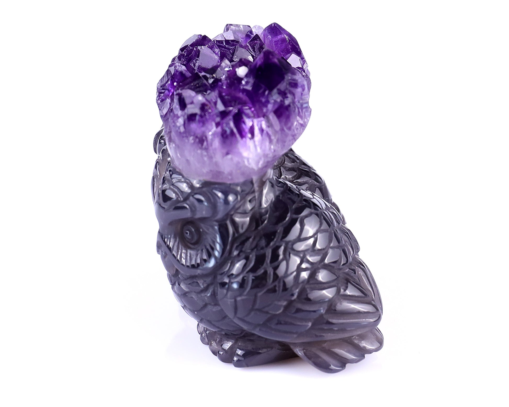 2.3" Amethyst Druse Agate Hand Carved Crystal Owls Sculpture Crystallumi