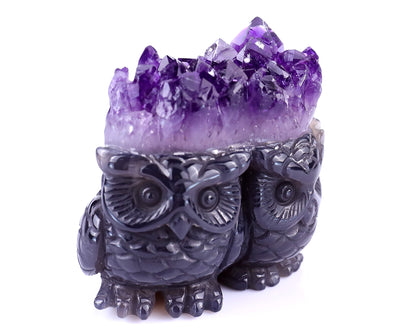 2.3" Amethyst Druse Agate Hand Carved Crystal Owls Sculpture Crystallumi