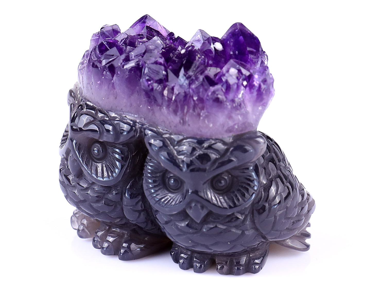 2.3" Amethyst Druse Agate Hand Carved Crystal Owls Sculpture Crystallumi