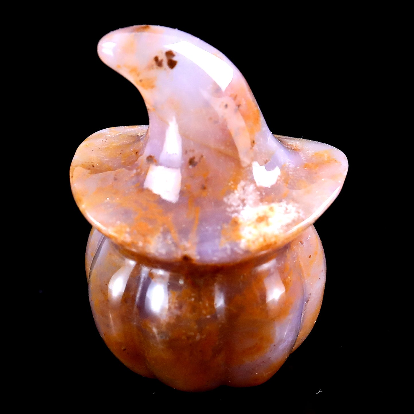 2.3” Natural Chalcedony Hand Carved Crystal Wizard Pumpkin Sculpture, Halloween Gift Crystallumi