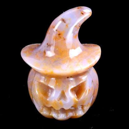 2.3” Natural Chalcedony Hand Carved Crystal Wizard Pumpkin Sculpture, Halloween Gift Crystallumi