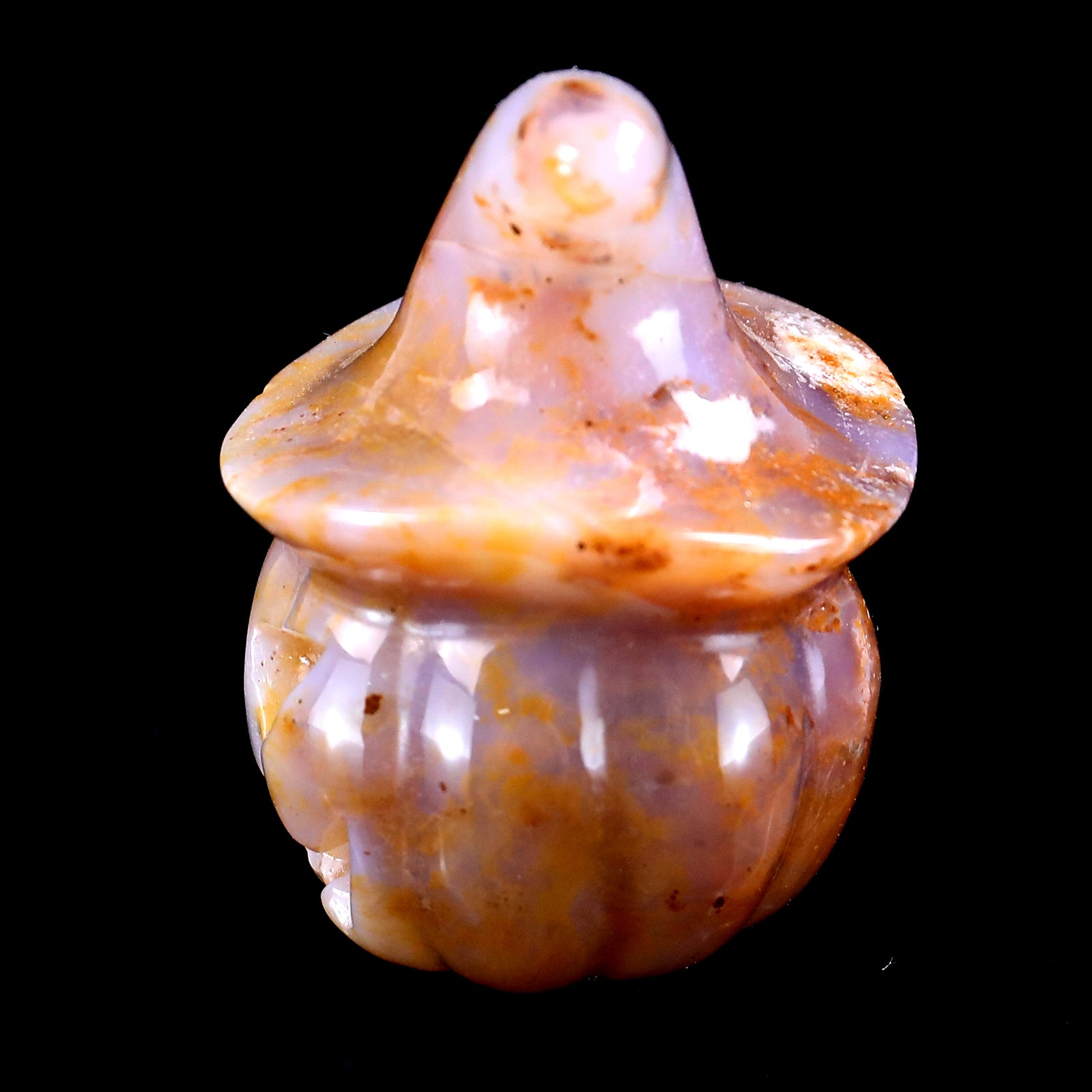 2.3” Natural Chalcedony Hand Carved Crystal Wizard Pumpkin Sculpture, Halloween Gift Crystallumi