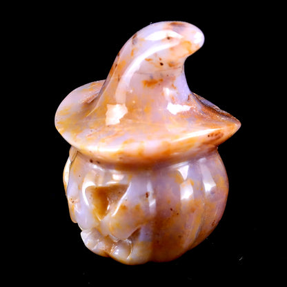 2.3” Natural Chalcedony Hand Carved Crystal Wizard Pumpkin Sculpture, Halloween Gift Crystallumi