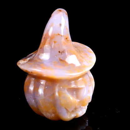 2.3” Natural Chalcedony Hand Carved Crystal Wizard Pumpkin Sculpture, Halloween Gift Crystallumi